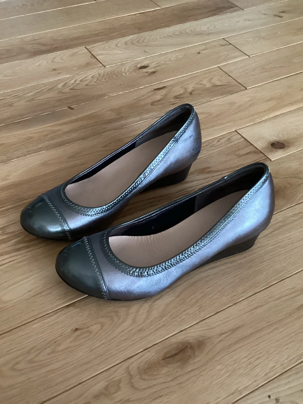 Cole Haan Metallic Silver and Gunmetal Low Wedge Pumps